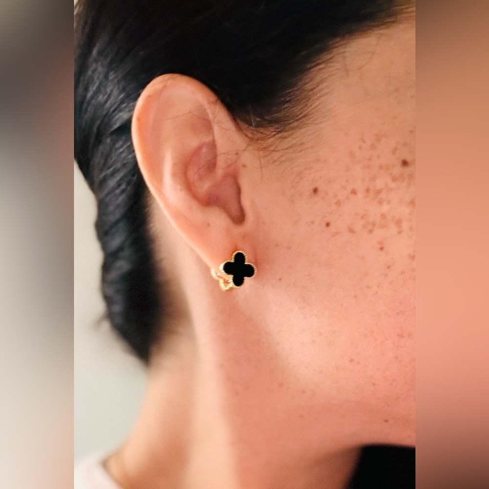 Gold and Black Clover Stud Earrings - Picture 2 of 3